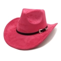 Détail du chapeau de cow-boy en daim fuchsia avec ruban en cuir noir et boucle argent - M(56-58cm) / Rose rouge