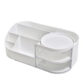 White tiered desktop makeup organizer with brush holders and two translucent drawers - Large (No Mirror) / White