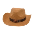Sombrero de vaquero de paja tejida marrón para hombre con accesorio de calavera vintage - Caqui