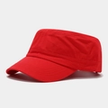 Detail of red cotton flat top military cap with reinforced stitching and clean minimalist finish - Adjustable / Red