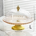 Macro detail of amber glass cake stand with golden base and crown handle dimensions - Amber (L)