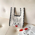 White knit tote bag with black zigzag edge featuring bunny and red heart patterns - White Black Edge Rabbit Heart
