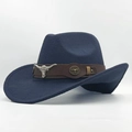 Navy blue western cowboy felt hat with brown leather band and silver bull head emblem - M (56-58cm) / Navy Blue