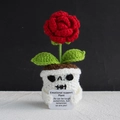 Hand-crocheted skull potted red rose with emotional support card for Halloween gift - Halloween Little Rose