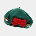 Detail of green wool Christmas beret with a red bow and festive reindeer charms - Green (Christmas Style 4)