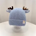 Light blue knit baby winter hat with cute 3D brown antlers and protective ear flaps - 45-52cm / Blue