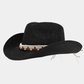 Detail van zwarte strooien cowboyhoed met een etnisch gevlochten decoratieve band - Verstelbaar / Zwart