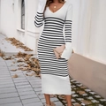 Elegantes weißes Strickkleid mit schwarzen Querstreifen und V-Ausschnitt für Damen - S / Weiß