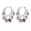 Detailed close-up of silver hoop earrings with vibrant multi-color round crystal charms - Silver Multicolor Rhinestone Style (MSXETH1527S-C)