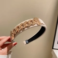 Beige fabric headband with gold metal chain accent and non-slip lining - Beige Gold Chain Decoration (74 Beige Chain Headband)