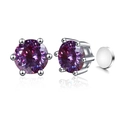 Classic six-prong S925 sterling silver stud earrings featuring round purple cubic zirconia - Red-Purple (Magnetic)