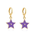 Detailed shot of 18K gold plated hoop earrings with purple enamel star charms - Purple Five-pointed Star (42018)