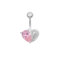 Pink heart-shaped zircon belly ring with silver angel wings and sparkling micro-inlay - Silver Pink Heart Wing Belly Stud (BR24082302S)