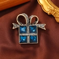 Vintage gift box brooch with deep blue crystals and rhinestones in bronze finish - Square Crystal Gift Box Brooch / Blue