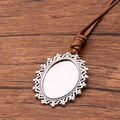 Antique silver oval pendant tray with brown wax cord for DIY jewelry making - Simple Lines Oval Style