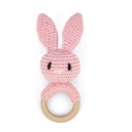 Pink crocheted rabbit baby rattle featuring a natural smooth wooden ring teether - Pink Rabbit