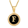 Golden necklace with round black enamel pendant featuring a 3D letter F and bead border - Gold F (With Chain)