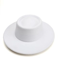 Top view of white flat brim wool felt fedora showing fine stitching and minimalist texture - 57cm / White