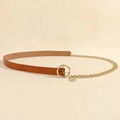 Fashionable layered belt in brown leather featuring gold chain and circular pendant - 120cm / 19719 Round Buckle Camel Gold