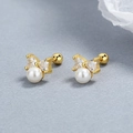 Orecchini a fiocco in argento 925 con zirconi, perle e chiusura a vite di sicurezza - Argento 925 / Oro/Paio