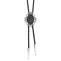 Corbata de bolo vintage plateada con corona, piedra negra y cordón de cuero - Negro Retro