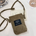 Brown corduroy crossbody phone bag featuring vintage letter patch and adjustable strap - Khaki (Corduroy Strap)