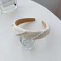 Elegant cream-white fabric headband featuring pearl embellishments and sparkling rhinestones - Sponge Chain