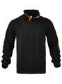 Detail of black cable knit sweater featuring contrast tan elbow patches and buttoned neckline - S / Black