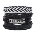 Detail view of 4-piece leather bracelet set with woven straps and LOVE metal plate - RH257-8 (LOVE Lettering Set)