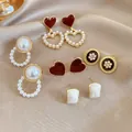 Set of 5 pairs including pearl drop earrings and red heart studs on champagne satin - 3# Vintage Wine Red Heart Pearl Set (HE29724)