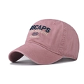 Close-up of vintage washed baseball cap with 3D embroidery on dusty pink cotton fabric - Adjustable / Pink