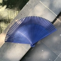 Deep blue Chinese folding fan with gradient silk fabric and bamboo ribs for dance - Hollow Crescent Full Blue