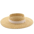 Detail of natural straw weave and beige ribbon on this wide-brim sun visor hat - M (56-58cm) / Beige Wide Brim Satin Decor