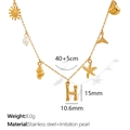 Golden sea-themed necklace featuring 'H' letter, starfish, shell and faux pearls - Letter H (XL206)