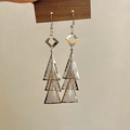 Silver geometric tassel earrings with square and layered triangle dangles in polished finish - Silver Geometric Patchwork Hollow