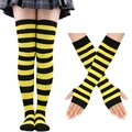 Yellow and black striped thigh high socks with matching fingerless long gloves set - One Size / Yellow & Black Wide Stripes