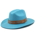 Fashionable light blue wide brim wool jazz fedora with studded brown leather band - M (56-58cm) / Lake Blue
