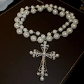 Double-layer pearl necklace with vintage baroque filigree cross pendant on leather - Silver White (Double Layer Cross Style)