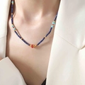 Detail of colorful bohemian beaded necklace with blue faceted crystals on model - Blue Faceted Spliced Beaded / 38+5cm