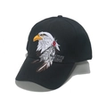Close-up of bald eagle and feather embroidery on a black baseball cap with Native Pride text - Black