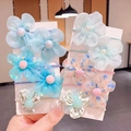 Kids flower hair ties in blue and mint green mesh styles for ponytail styling - B3-4# Cyan Set (10 Pieces Opp Bag)