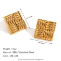 Detailed macro view of 18K gold plated square earrings with woven texture and dimensions - Square Weave Texture Stud Earrings - Gold