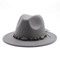 Close-up of grey wool fedora hat with turquoise bead and black woven band detail - Light Gray