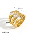 Three-band gold stainless steel ring with clear zircon stones and size dimensions - Three-layer Clear Zirconia Pave Style (TR4395)