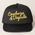 Black trucker hat with yellow Cowboys & Tequila print and breathable mesh back - One Size / Black Gold Logo