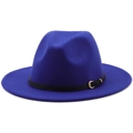 Detail of royal blue wool fedora featuring a black leather band and golden metal buckle - M (56-58cm) / Navy Blue