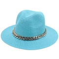 Himmelblauer Panama-Strohhut mit modischer goldener Gliederkette für Damen - Einheitsgröße / Seeblau