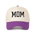 Close-up of MOM 3D embroidery on two-tone cotton baseball cap with purple brim - Adjustable / Off-White and Purple