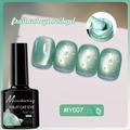 Close-up of Misscheering MY007 fruit cat eye nail gel bottle and swatches with water droplets - Light Green (MY007)
