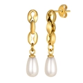 Gold chain pearl drop earrings featuring three oval links and white teardrop pendants - Gold Chain Link Coffee Bean with White Teardrop Pearl-ED-777G